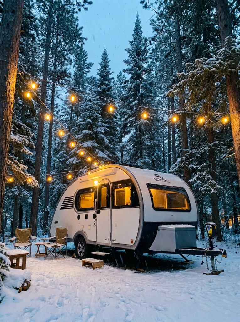 Small travel trailer glowing with interior light in a snowy forest Campstr campsite at dusk