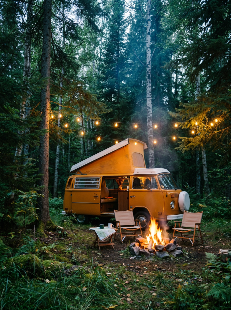 Vintage orange pop-top camper van parked in the forest beside a campfire at dusk